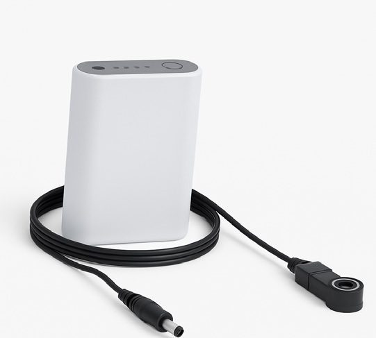 A white portable power bank with indicator lights, shown with a black charging cable that has two different connectors.