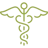 A green caduceus symbol with two serpents entwined around a winged staff.