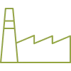 A simple green and gray pixelated outline of a factory with a tall chimney and a rectangular building on a black background.