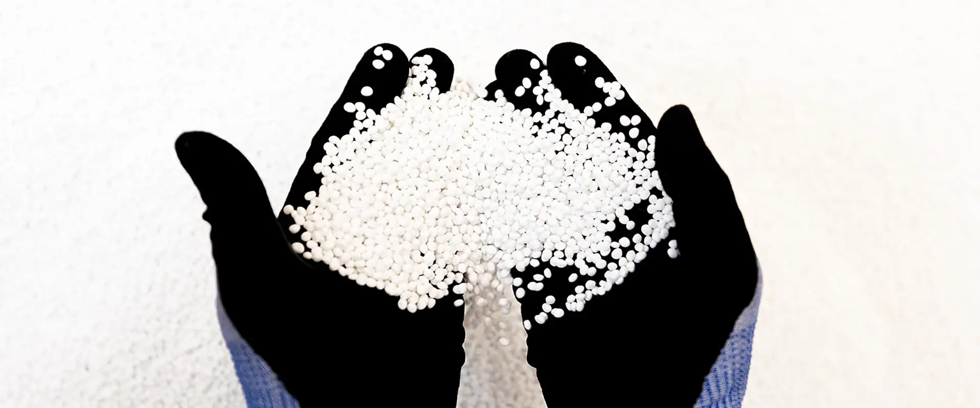 Gloved hands holding a pile of small white plastic pellets against a white background.
