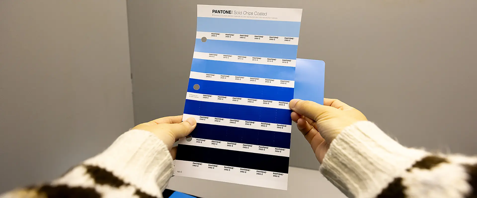 A person holds a Pantone color swatch card with various shades of blue printed in rows, comparing it to a separate blue sample card.