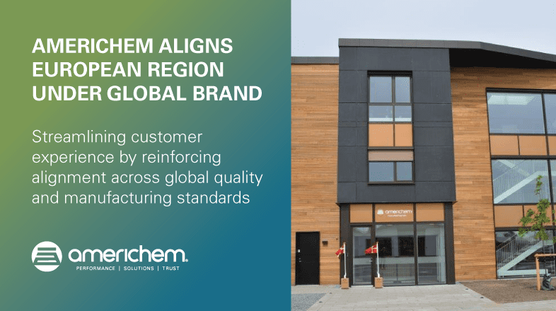 A modern office building with a sign reading "Americhem" beside text announcing Americhem aligning its European region under a global brand for streamlined customer experience.