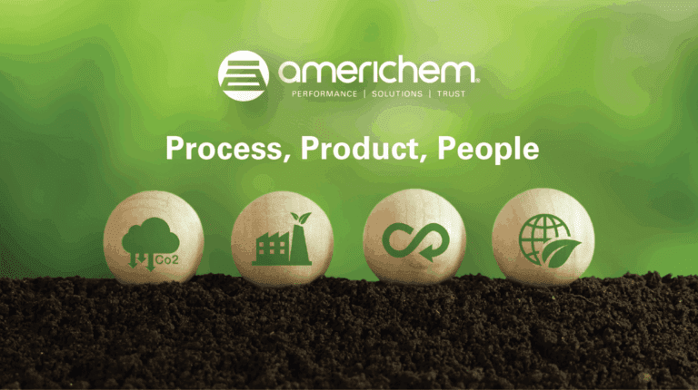 Four wooden spheres with eco-friendly icons sit on soil, under the Americhem logo and the words "Process, Product, People" on a green background.