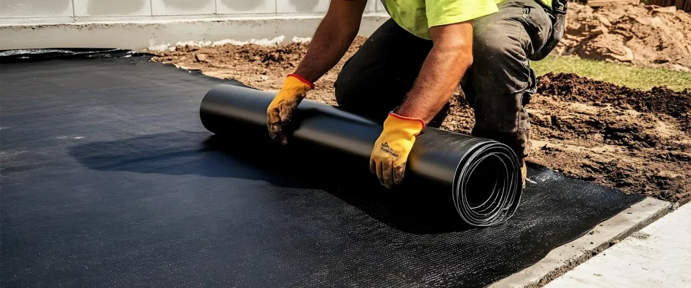 A worker wearing gloves unrolls a sheet of black waterproofing membrane on the ground next to a building foundation.
