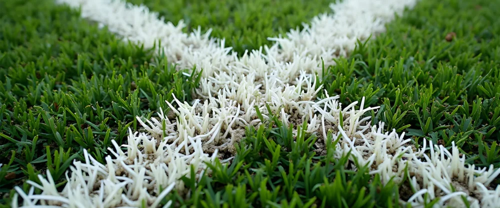 Close-up of artificial turf on a sports field, showing green synthetic grass with white fibers forming a boundary line intersection.