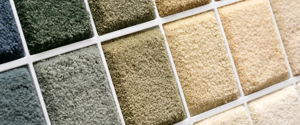 Close-up of a display sample board showing carpet swatches in various shades of green, beige, and gray, arranged in a grid pattern.