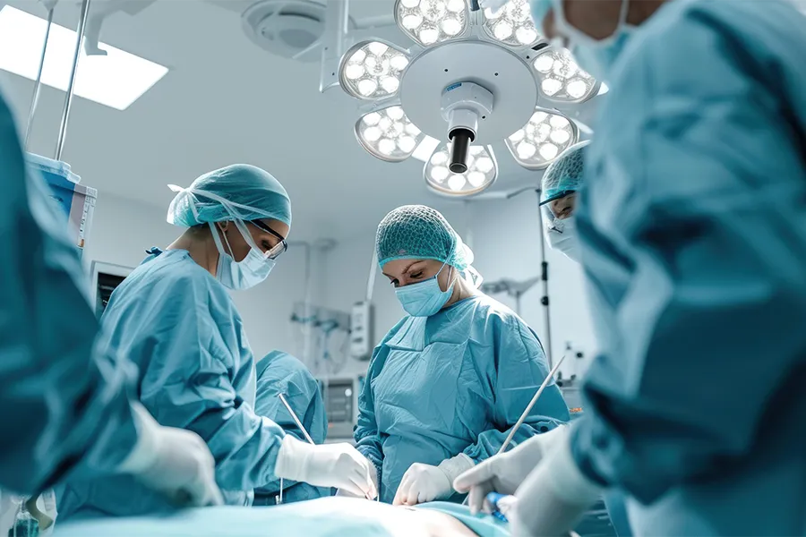 Four surgeons in scrubs and masks perform surgery under bright operating room lights. Surgical instruments and medical equipment are visible.