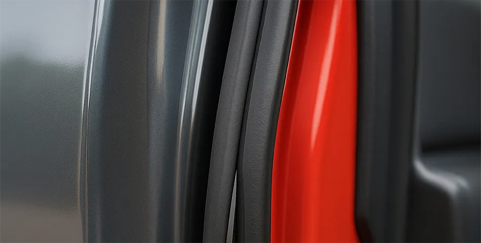 Close-up of a car door seal showing a black rubber weatherstripping between a gray outer panel and a red inner frame.