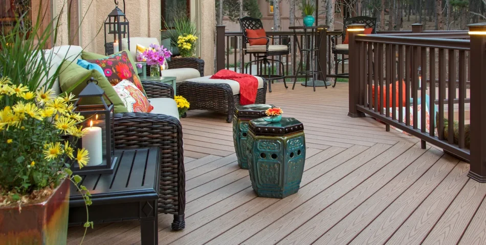 Outdoor patio with wicker furniture, colorful cushions, potted flowers, two ceramic stools, and a wooden deck surrounded by a brown railing.