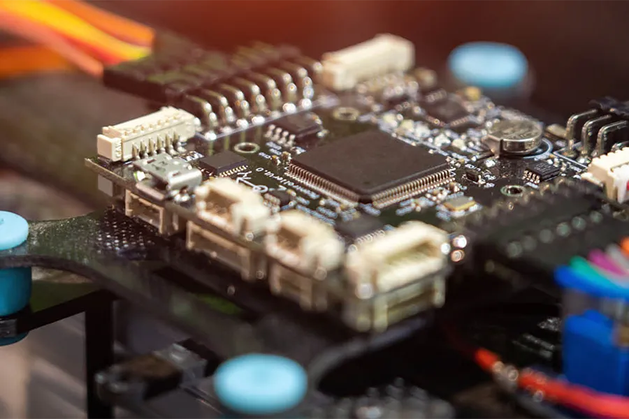 Close-up view of an electronic circuit board with microchips, connectors, and various electronic components.