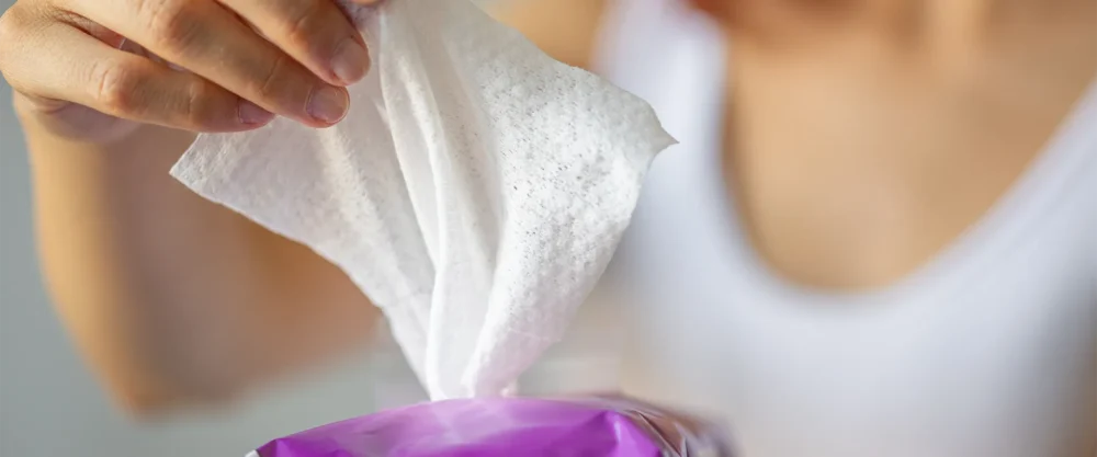 A person pulls a white wet wipe from a purple package, with part of their face and torso visible in the background.