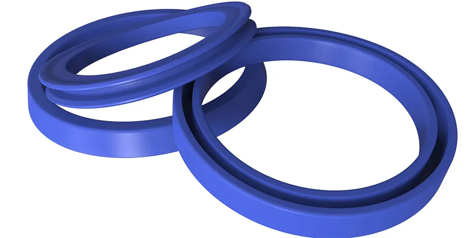 Three blue rubber or plastic sealing rings, two of which are overlapping, on a white background.