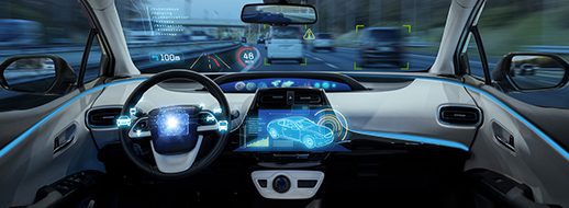 View from inside a modern car with digital dashboard displays and augmented reality navigation, suggesting autonomous or smart driving features.