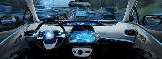 View from inside a modern car showing a digital dashboard, heads-up display, and navigation interface, with traffic visible outside through the windshield.