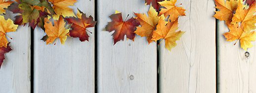 Several autumn leaves scattered on light-colored wooden planks.