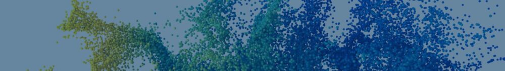 Abstract image with clusters of small dots in green, teal, and blue gradient on a muted blue background.