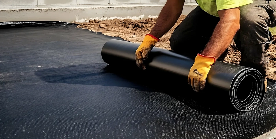 A worker in gloves unrolls a sheet of black waterproofing membrane onto a surface at a construction site.