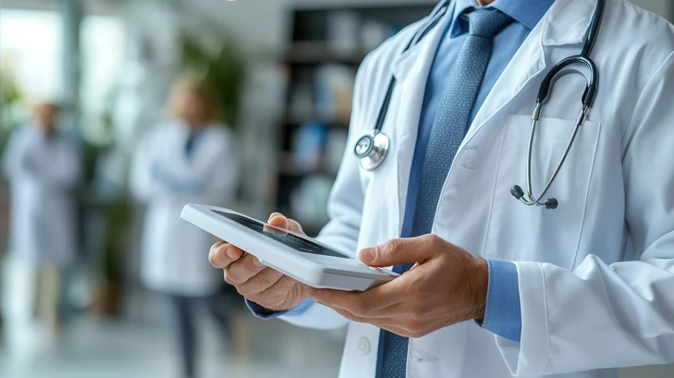 A doctor in a white coat with a stethoscope around his neck is holding and using a tablet device in a medical setting.