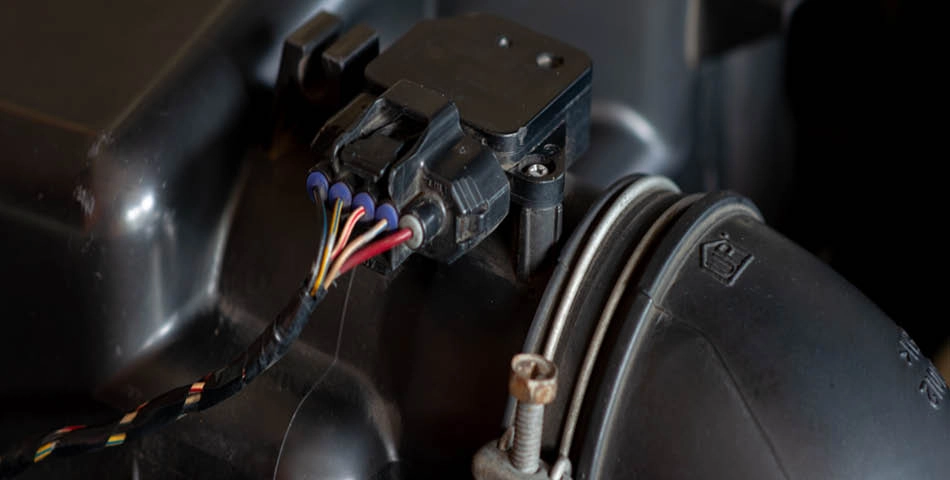 Close-up of a car engine's mass air flow sensor with connected wires and a plastic housing secured by a screw clamp.