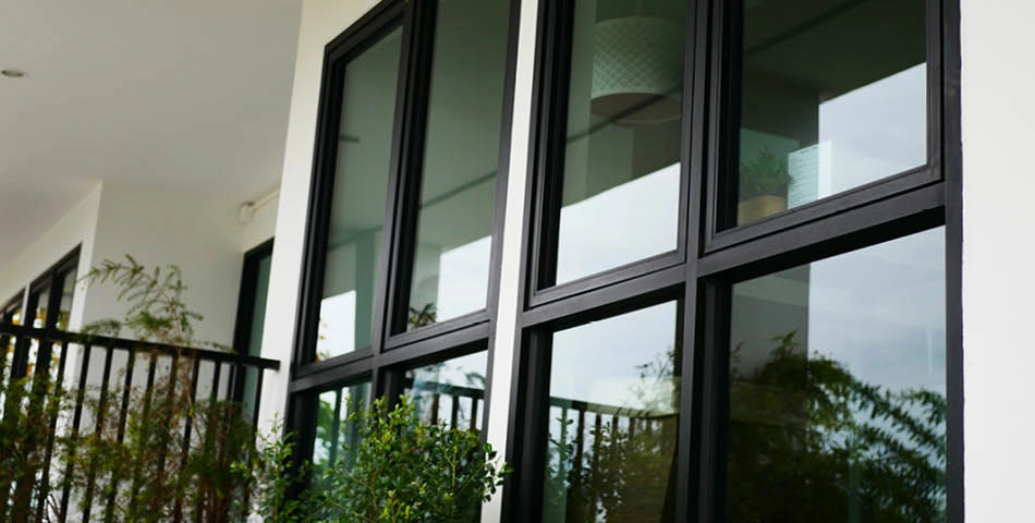 Close-up of large, black-framed glass windows on a white building, with plants and a black metal railing visible outside.