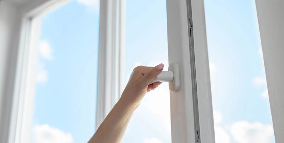 A hand with pink nail polish is turning the handle of a white window, with a blue sky and clouds visible outside.