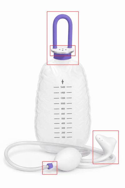 A white plastic enema bag with a purple handle, clear volume markings, a white hose, a squeeze bulb, and a white nozzle.