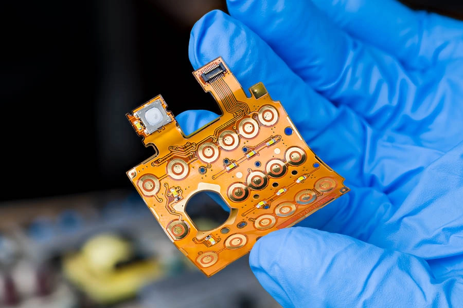 A gloved hand holds a flexible orange printed circuit board with various electrical components and circular contact points.