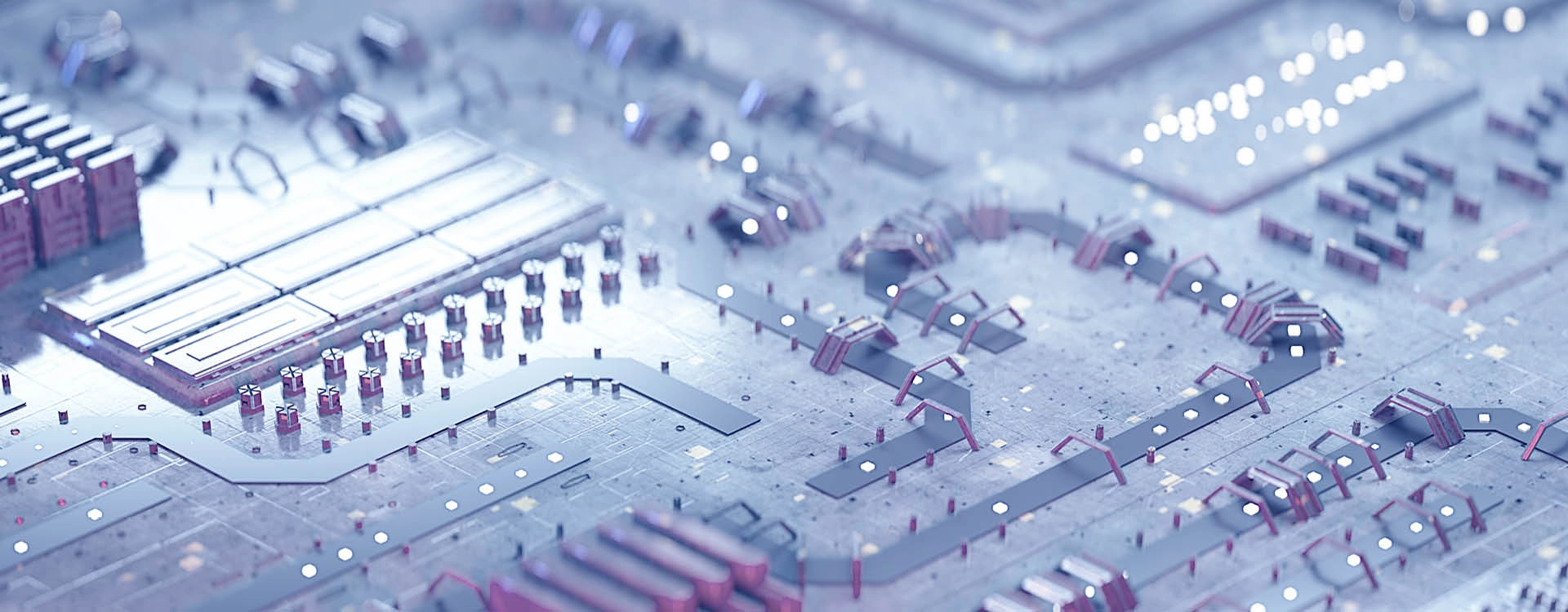 Close-up view of a computer motherboard showing electronic components, circuits, and pathways in a high-tech, metallic setting.