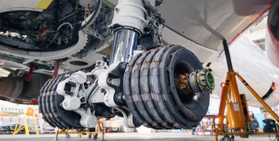 Close-up view of an aircraft landing gear and wheel assembly in a maintenance hangar, with surrounding tools and equipment.