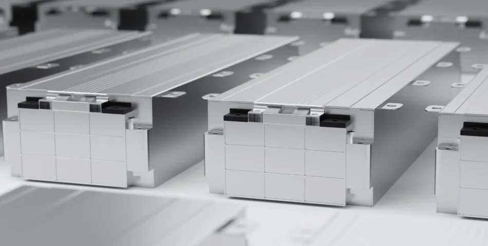 Rows of rectangular lithium-ion battery cells with metallic casings are arranged closely together on a flat surface.