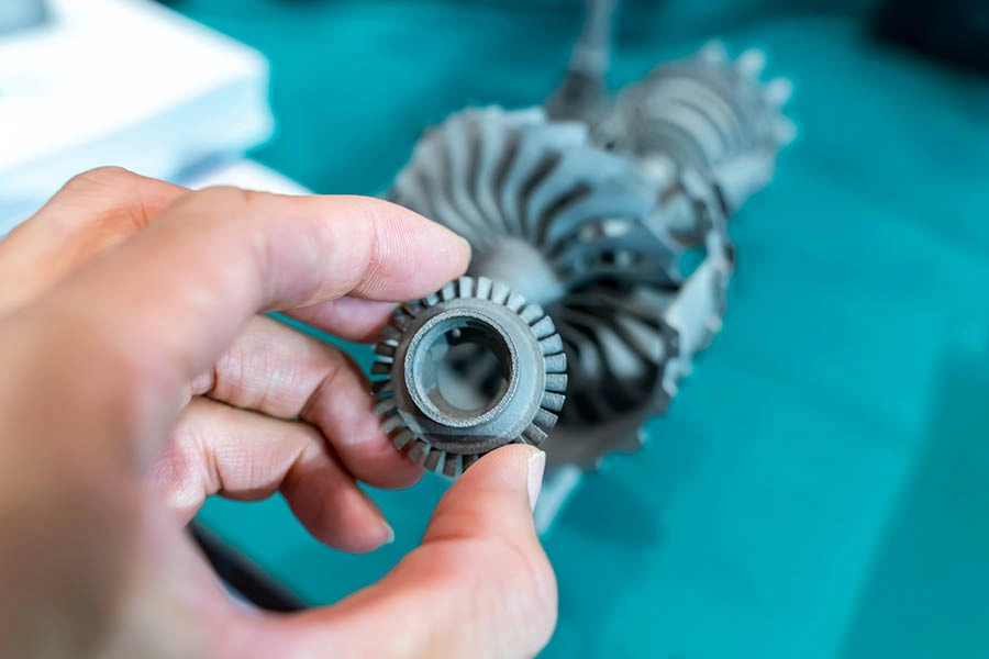 A hand holds a small, gray, intricately machined gear with a larger mechanical component in the background on a teal surface.