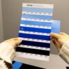 A person holds a Pantone color guide showing various shades of blue, comparing it to a separate blue sample card.