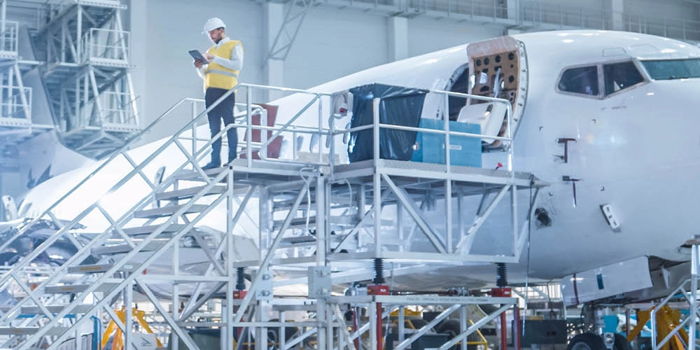 A worker in a safety vest and helmet stands on scaffolding next to an airplane under maintenance inside a hangar, using a tablet.