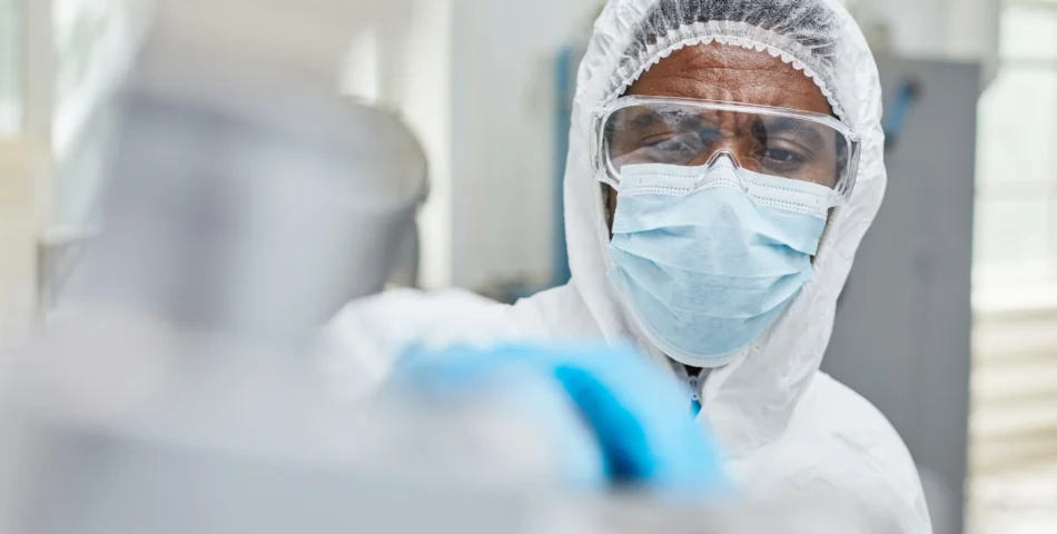 A person in protective clothing, mask, gloves, and goggles works in a laboratory setting.