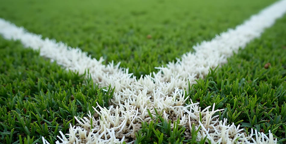 Close-up view of the intersection of white lines on a green artificial turf sports field.