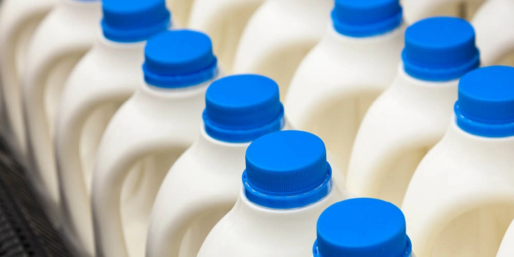 Rows of white plastic milk jugs with blue caps are lined up closely together.