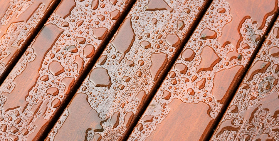 Close-up of wet wooden boards with water droplets and beads scattered across the surface.