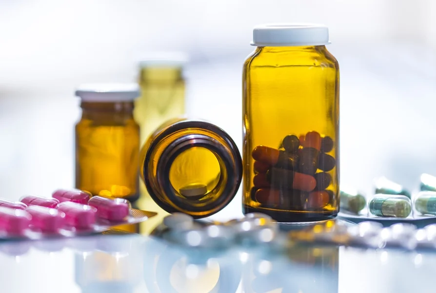 Several amber pill bottles, some upright and one lying down, are surrounded by assorted colored capsules and tablets on a reflective surface.