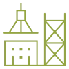 Outline of two industrial buildings, one with a triangular roof and the other with a tower-like structure, depicted in gray and green lines.