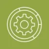 White gear icon inside a segmented circle on a green background.
