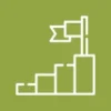 A white outline of a four-step staircase with a flag at the top, on a green background.