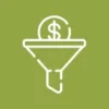 White line drawing of a funnel with a dollar sign coin above it on a green background.