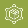 White icon of a cardboard box inside a hexagonal network with circles at each vertex, on a green background.