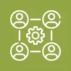 Icon showing four outlined human figures connected by lines to a central gear on a green background, representing teamwork or collaboration.