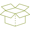 A yellow-green outline of a cardboard box, open at the top, with lines suggesting flaps and depth.