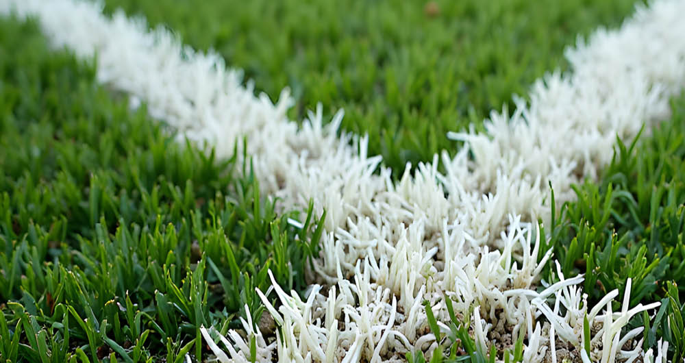 Close-up view of artificial turf with white lines forming a corner or intersection, resembling a sports field marking.