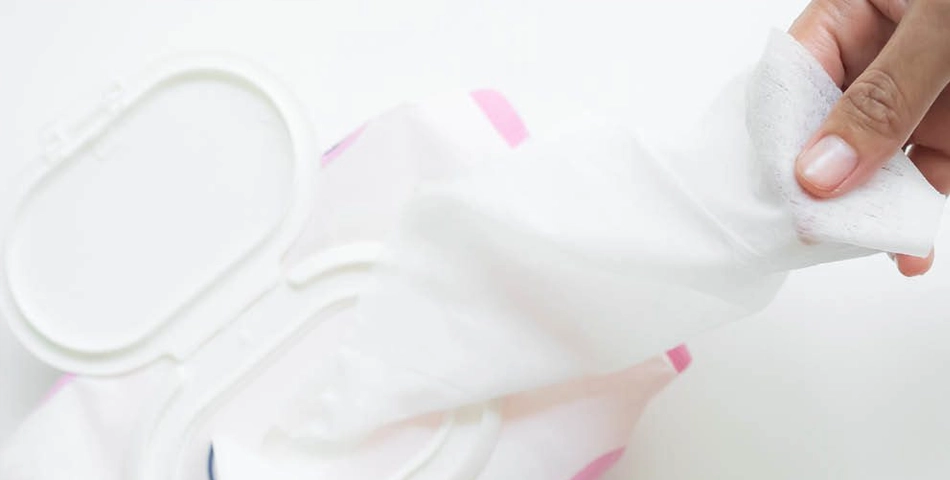 A hand pulls a wet wipe from an open plastic package of wipes on a white surface.