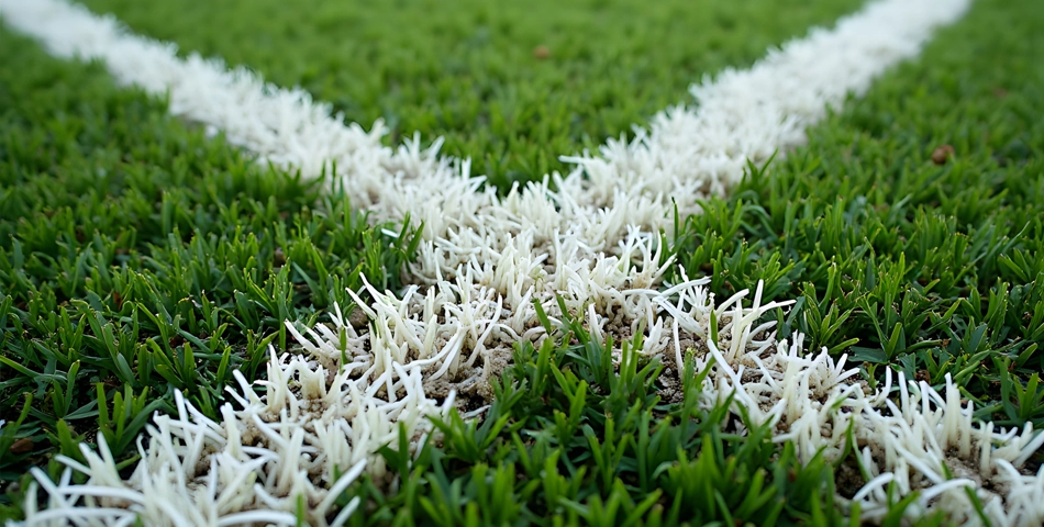 Close-up view of artificial turf on a sports field, showing a white line intersection against green synthetic grass.