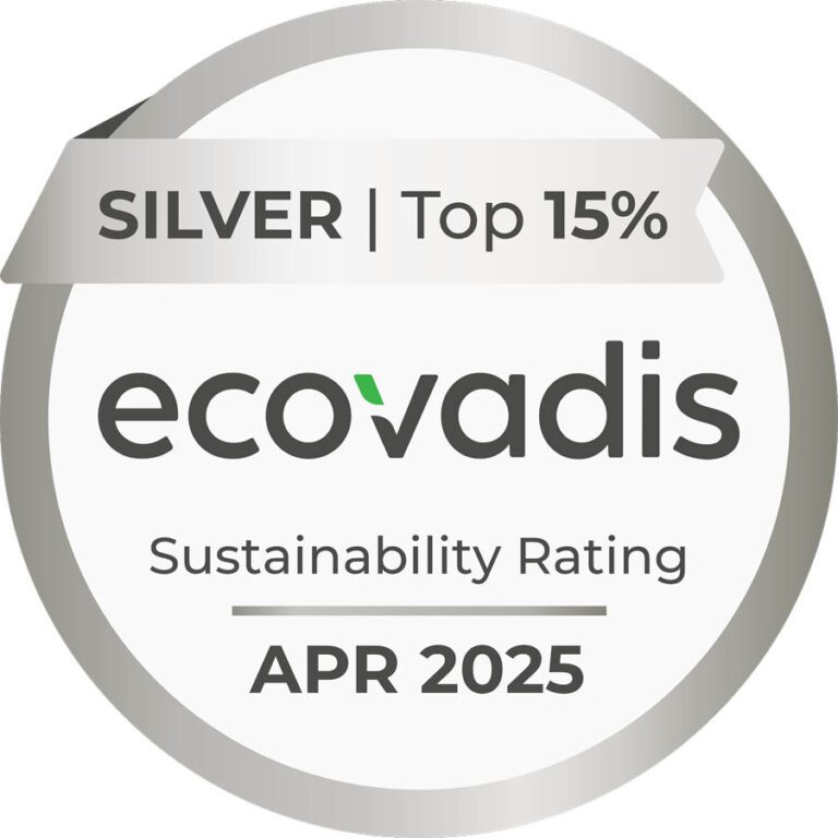 Silver Ecovadis Sustainability Rating badge for April 2025, indicating a top 15% ranking.