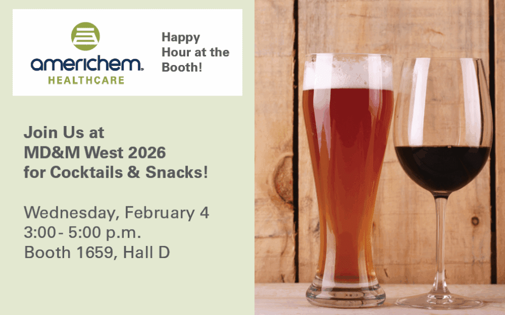 Announcement for Americhem Healthcare’s happy hour event with cocktails and snacks, featuring a glass of beer and a glass of wine on a wooden surface.